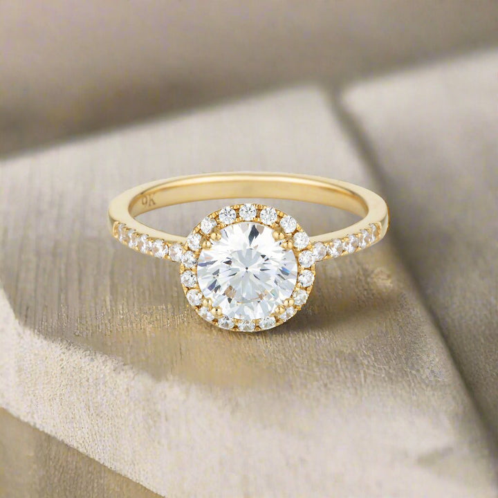 Georgini Gold Round Brilliant Cut 1.25ctw Moissanite Halo Engagement Ring In 9ct Yellow Gold