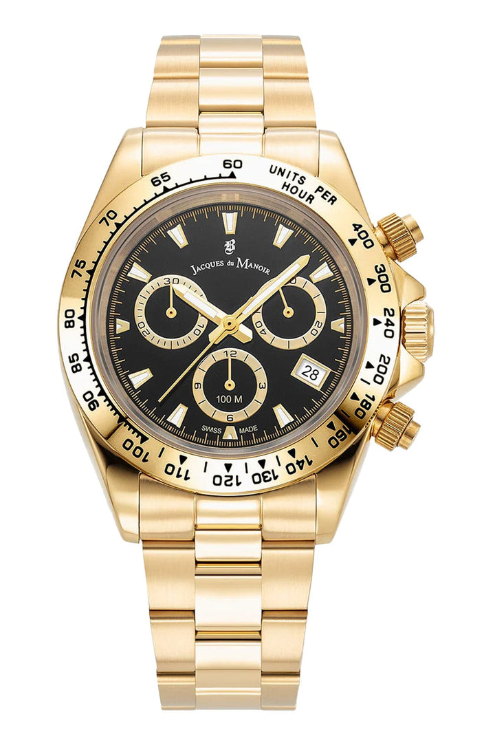 Jacques du Manoir Chronograph Watches Jacques Du Manoir Swiss Phoenix Chrono 40mm 100m Water Resistant Black Dial Gold Stainless Steel Strap Watch Jacques Du Manoir Swiss Phoenix Chrono 40mm 100m Water Resistant Black Dial Gold Stainless Steel Strap Watch Brand